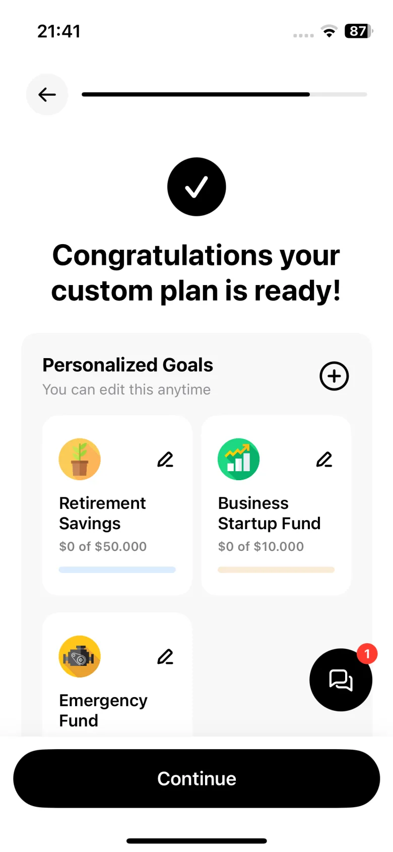 OptiVault screen: your custom plan is ready, with personalized goals