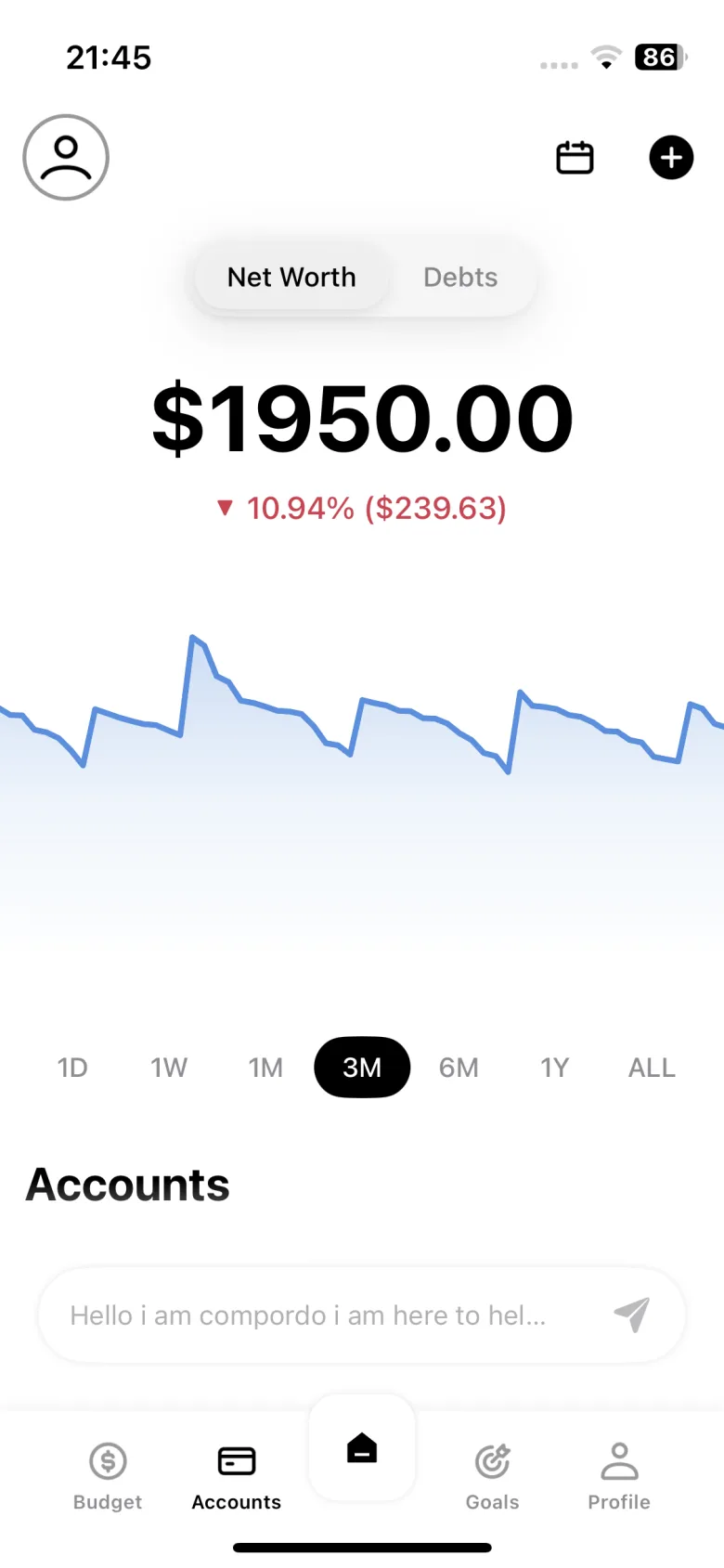 Net worth chart with accounts